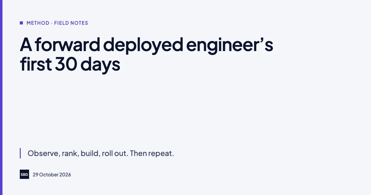 Cover for “A forward deployed engineer’s first 30 days”, with the line: Observe, rank, build, roll out. Then repeat.