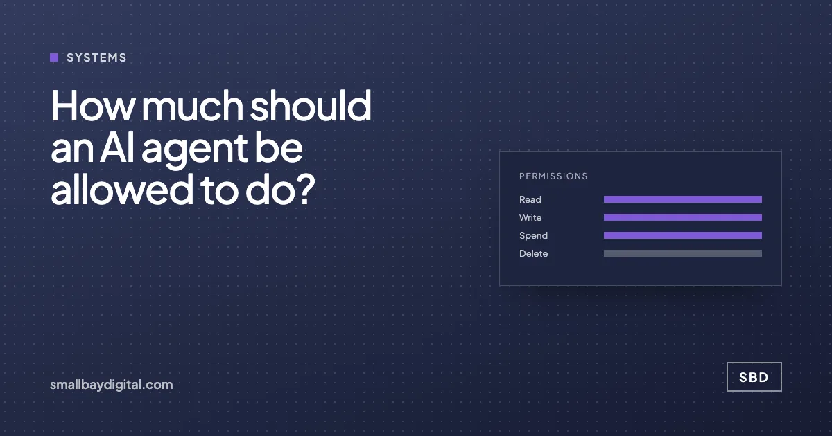 Cover card reading "How much should an AI agent be allowed to do?" beside a permissions panel with read, write, spend and escalate rows