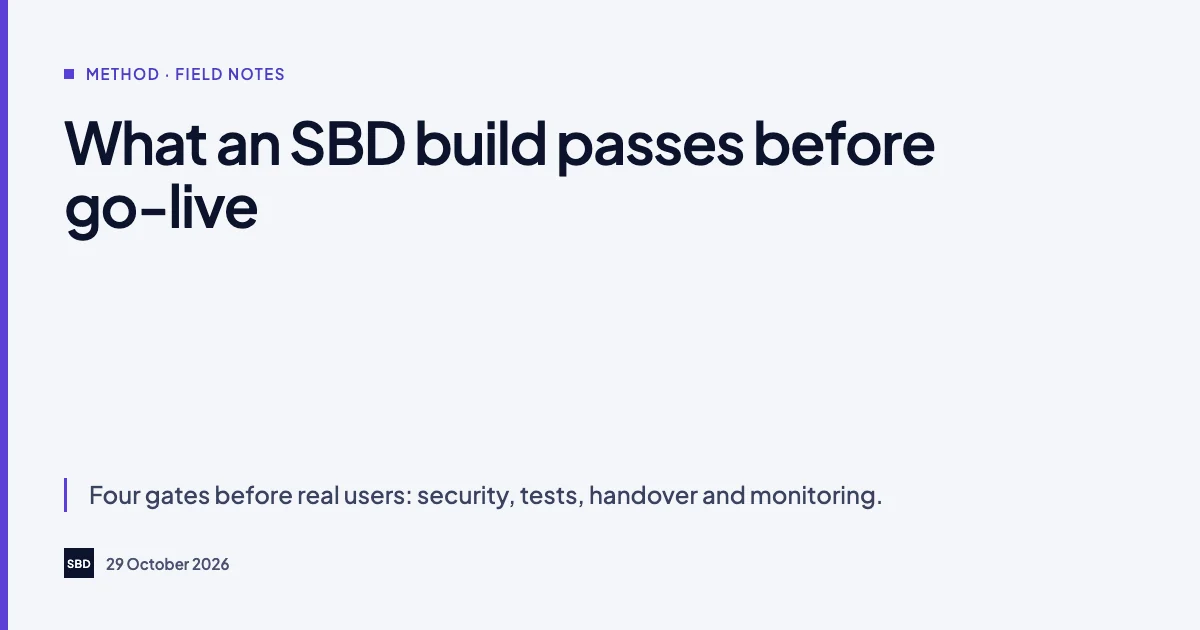 Cover for “What an SBD build passes before go-live”, with the line: Four gates before real users: security, tests, handover and monitoring.