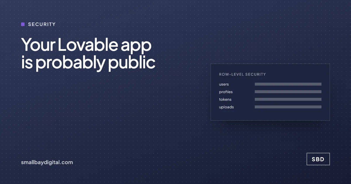 Cover card reading "Your Lovable app is probably public" beside a database panel with a row-level security toggle switched off