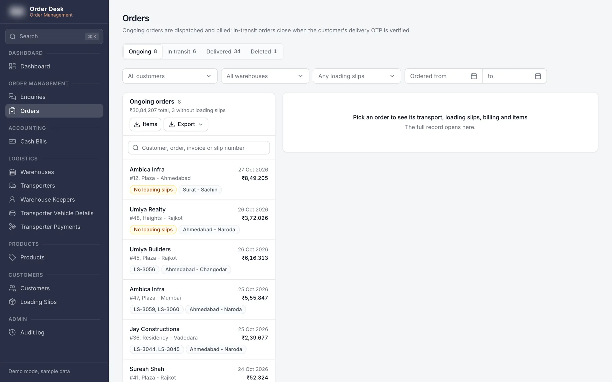 Orders with their loading slips and status.