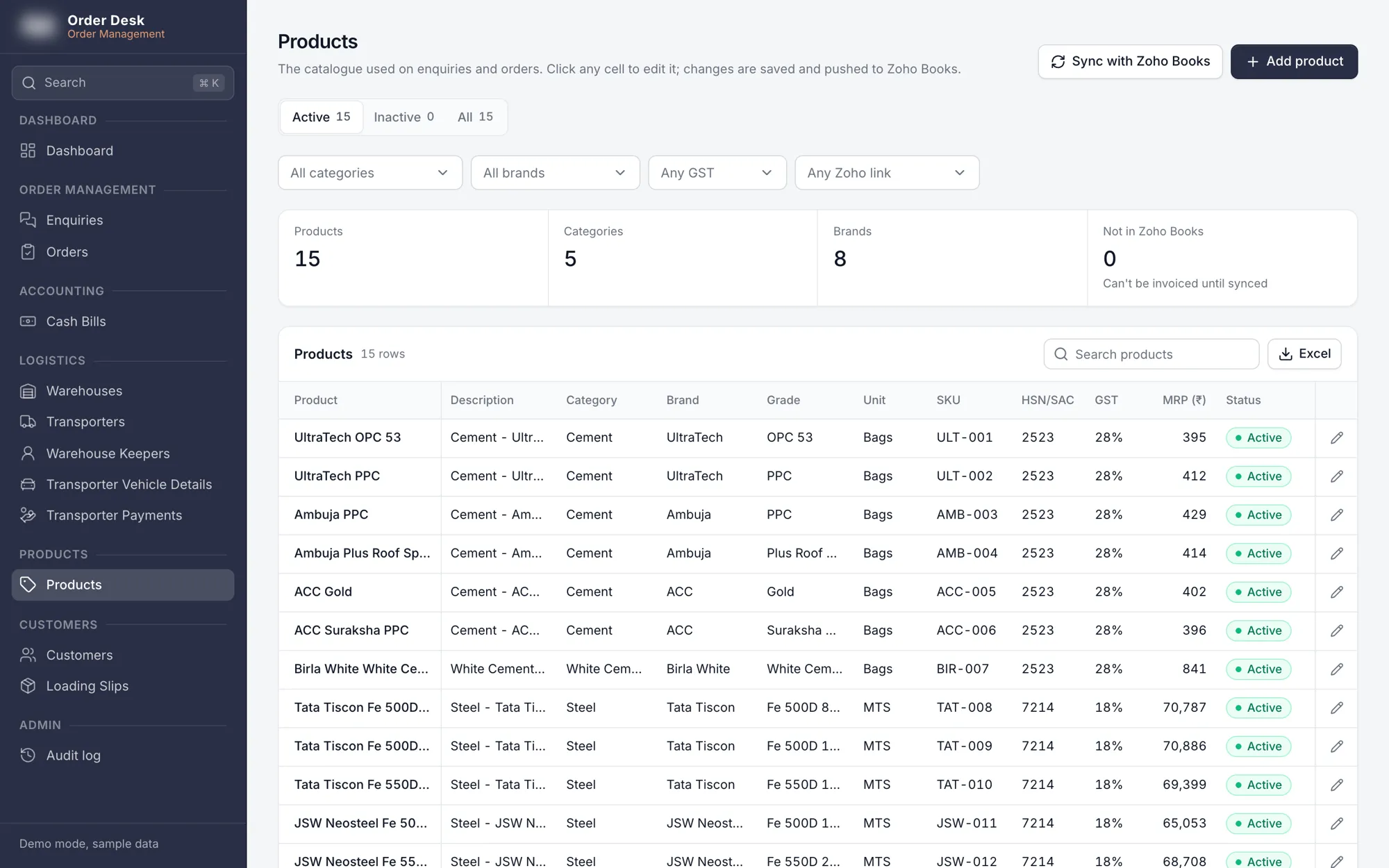 Product catalogue synced with Zoho Books.