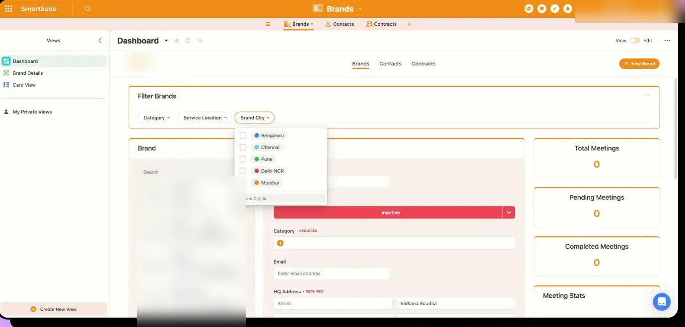 The brands dashboard with meeting counts.