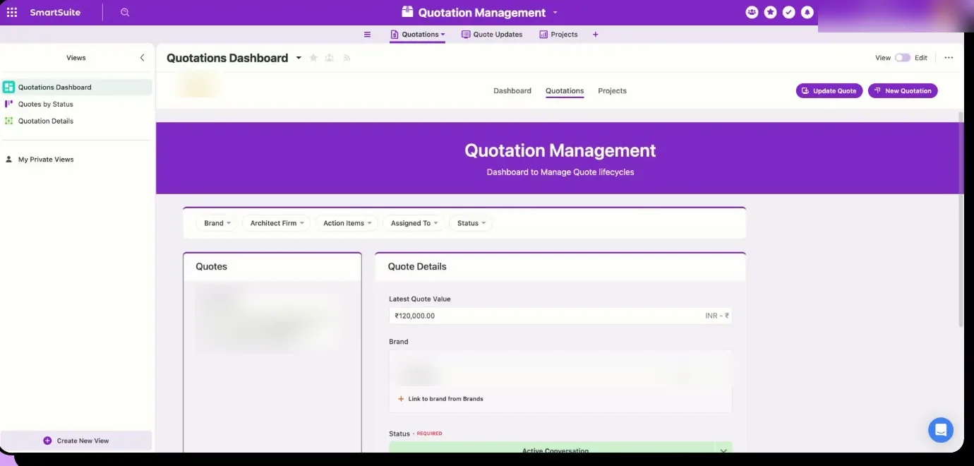 Brand, architect and quotation management on SmartSuite: screen from the build