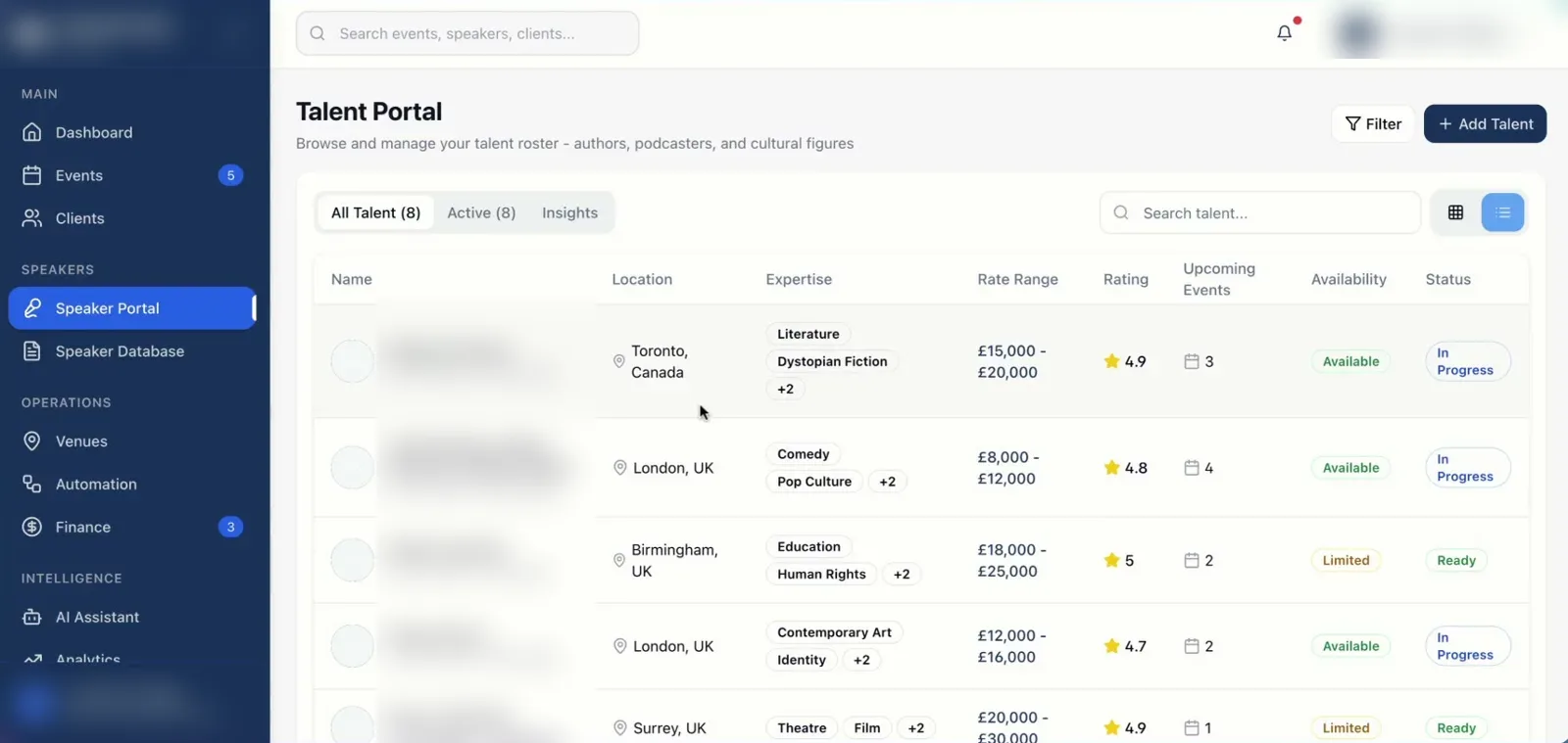 Speaker bureau operations tool: screen from the build