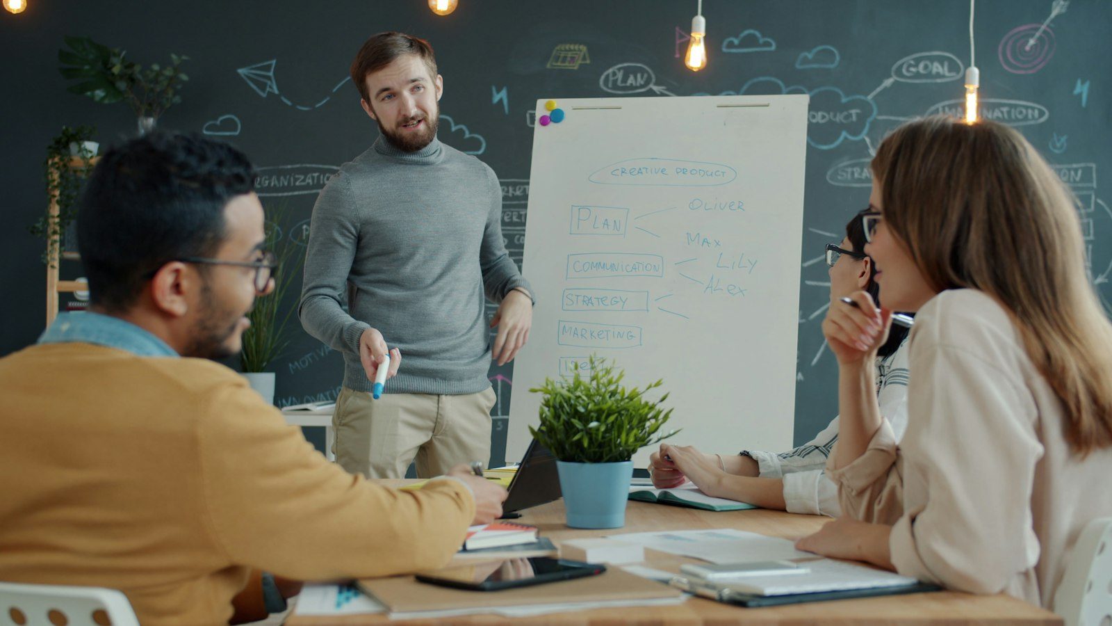 A marketing team working through a plan on a whiteboard